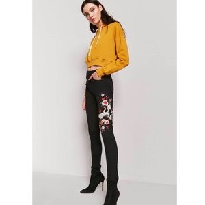 Women's Black Crane Embroidered Skinny Jeans